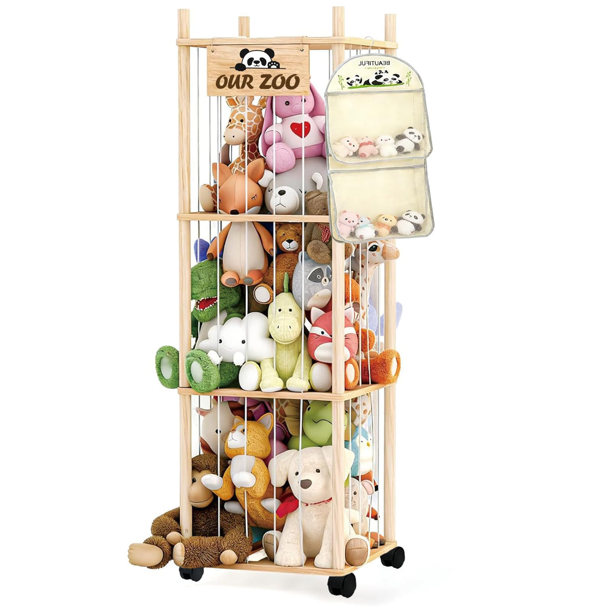 Thick&Thin Stuffed Animal Storage & Organizer, Wooden Zoo Toy Holder with Net, Large Plushies Storage with Wheels, Space Saving 