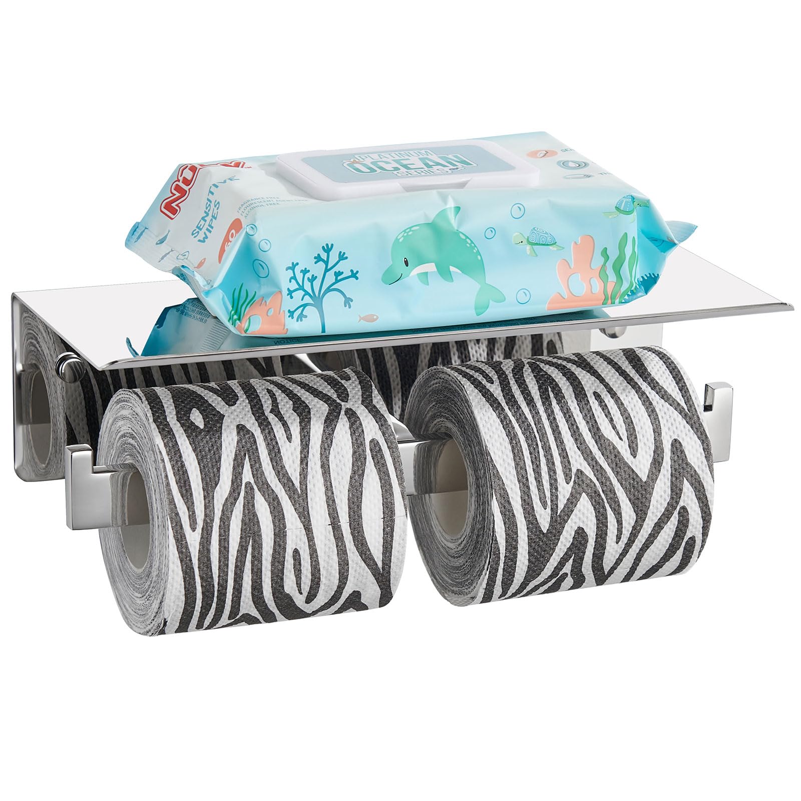 Suyar Double Toilet Paper Holder, SUS 304 Stainless Steel Bathroom Toilet Paper Roll Holder with Shelf, Polished Chrome