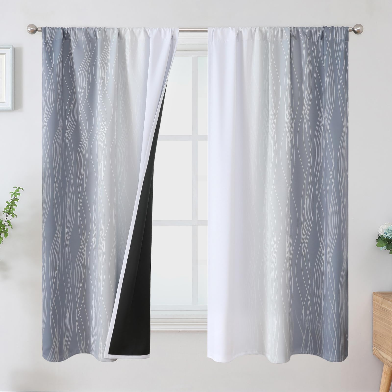 Estelar Textiler Rod Pocket Gray And White Blackout Curtains For Living Room, Full Light Blocking Window Curtains, Thermal Insul