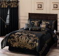 Chezmoi Collection Royale 7-Piece Jacquard Floral Comforter Set, Oversized Queen, Black/Gold