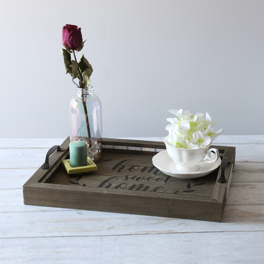 Elegant Designs Hg2032-Rgs Salento Farmhouse Rectangular Decorative Led Light Up Wooden Serving Tray W Metal Handles & Home Sweet Home In Black For Décor, Centerpiece, Breakfast, Bar, Rustic Gray