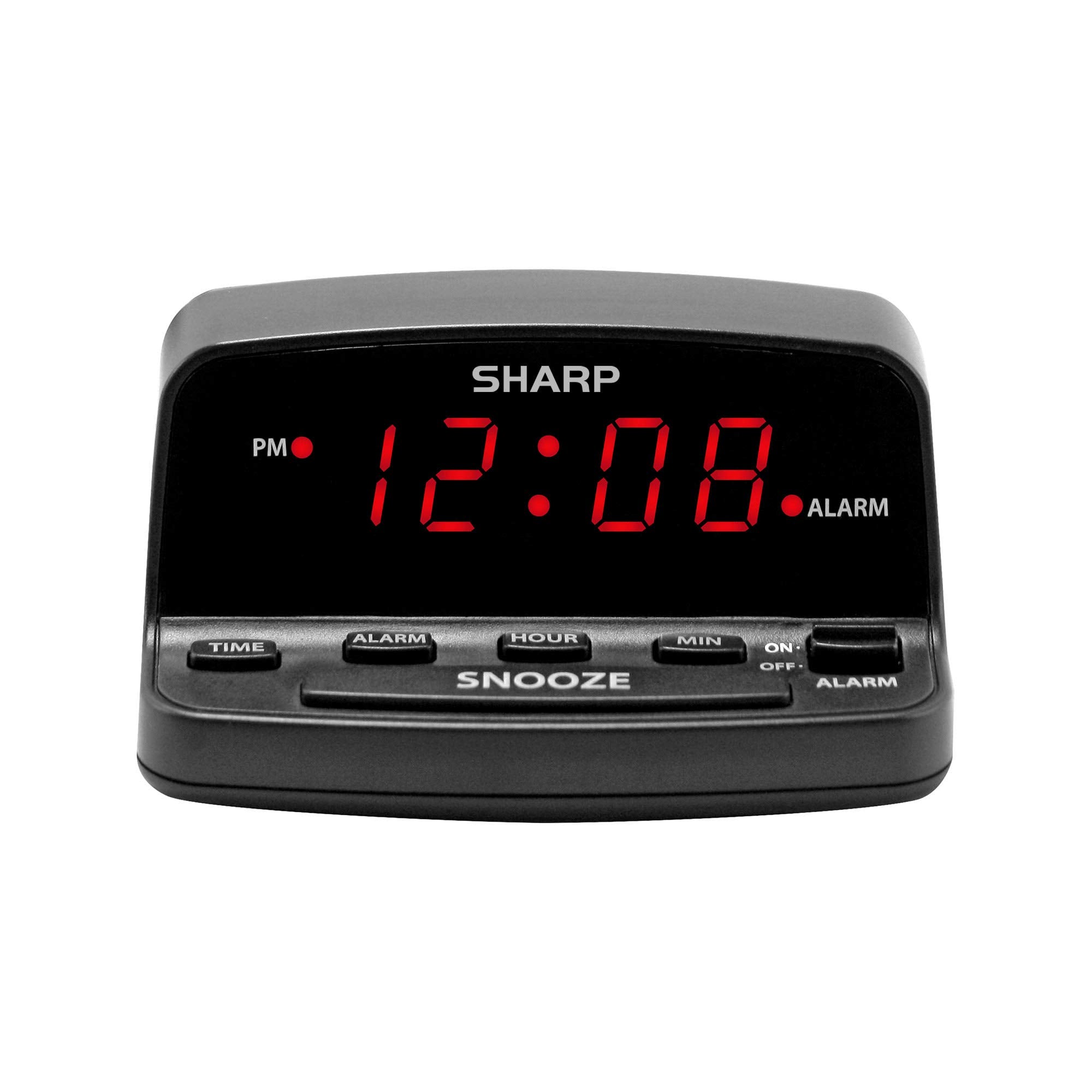 SHARP Digital Alarm Clock with Keyboard Style Controls, Battery Back-up, Easy to Use with Simple Operation, Black Case with Red 