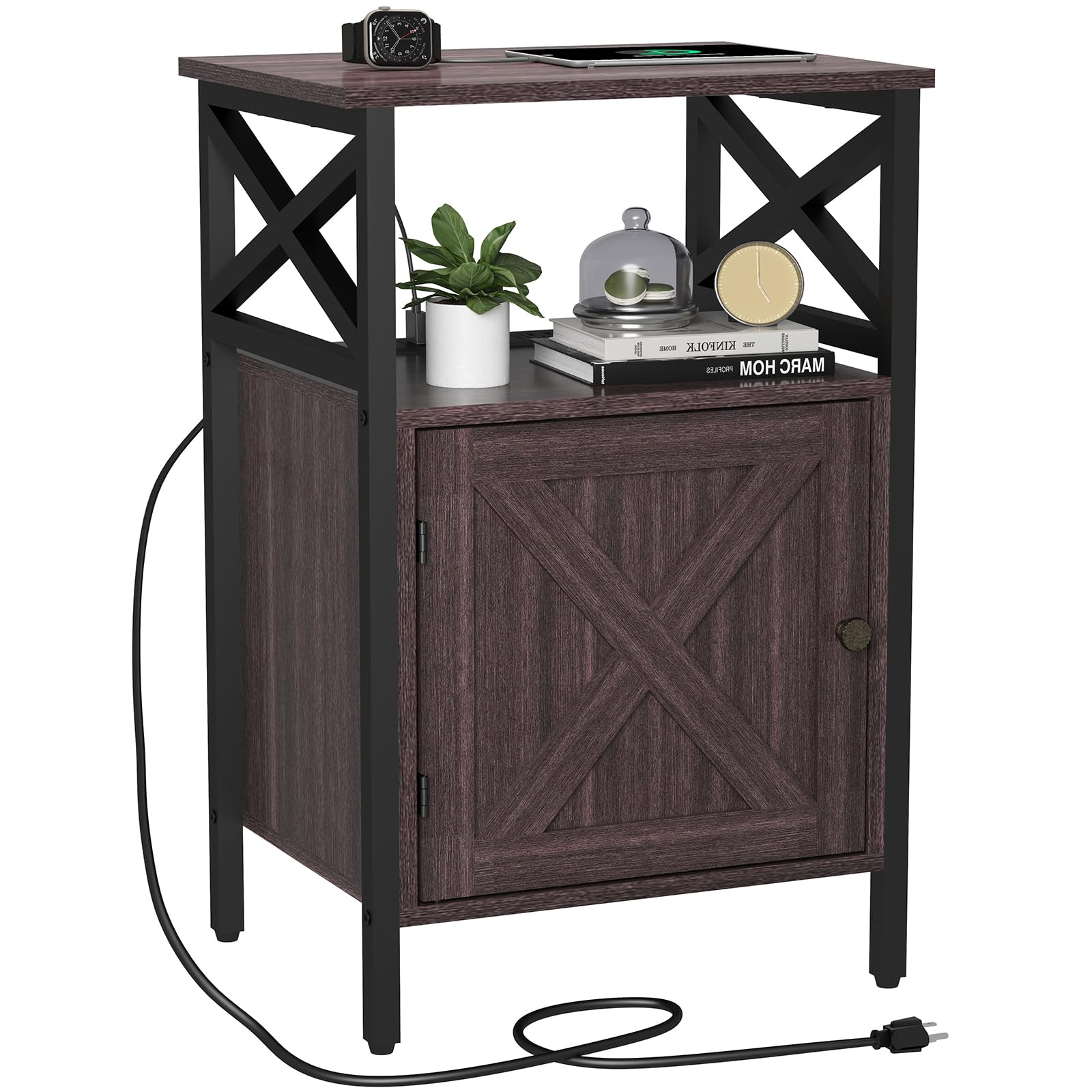 End Table with Charging Station, Side Table with Power Outlet & USB Ports, Nightstand with 2 Tiers Storage Space and Storage Cab