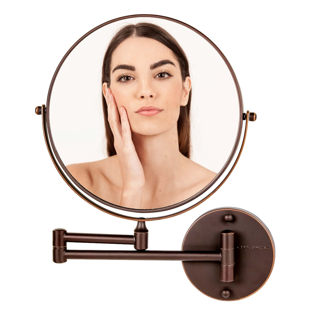 Ovente 9' Wall Mount Makeup Mirror, 1X & 10X Magnifier, Adjustable Spinning Double Sided Round Reflection, Extend, Retractable 