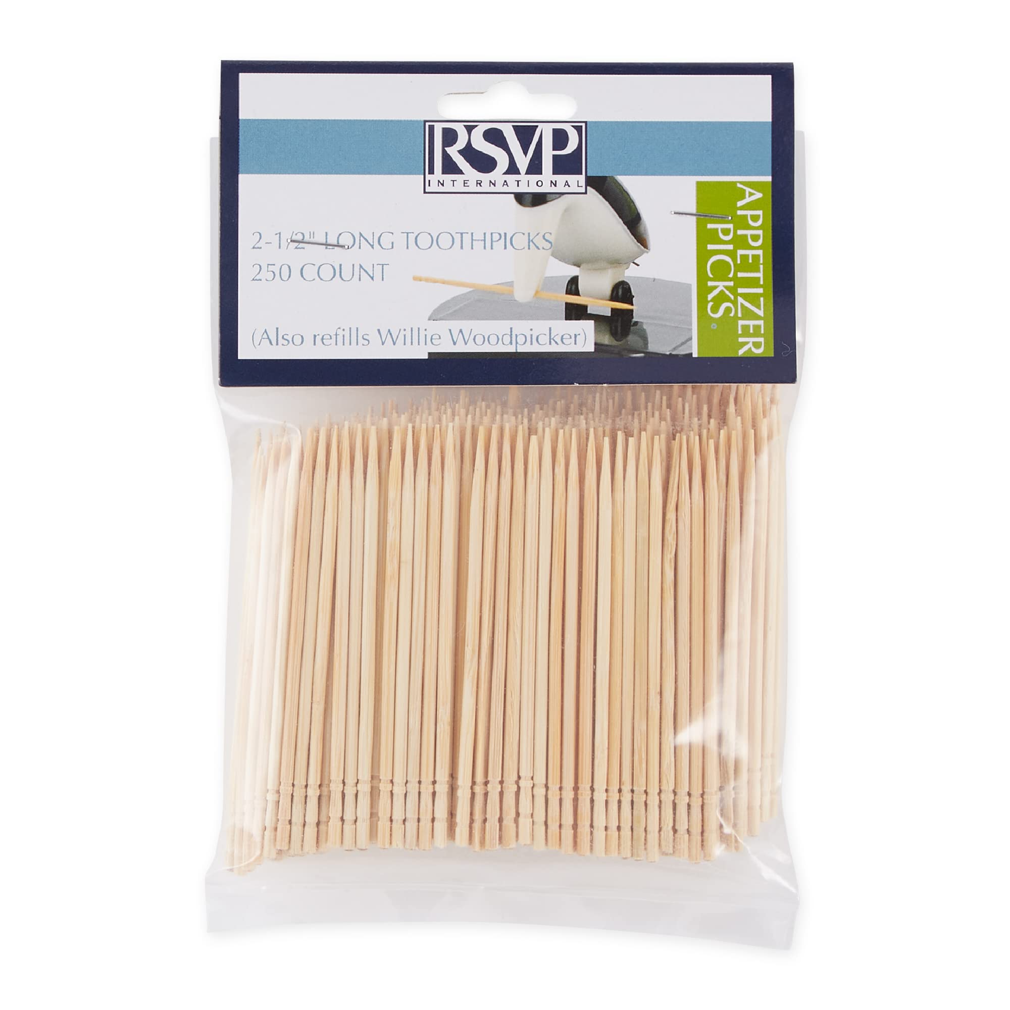 RSVP International Willie Woodpicker Toothpick Holder, Replacement Picks, 250-Count, 2.5 Long, Natural