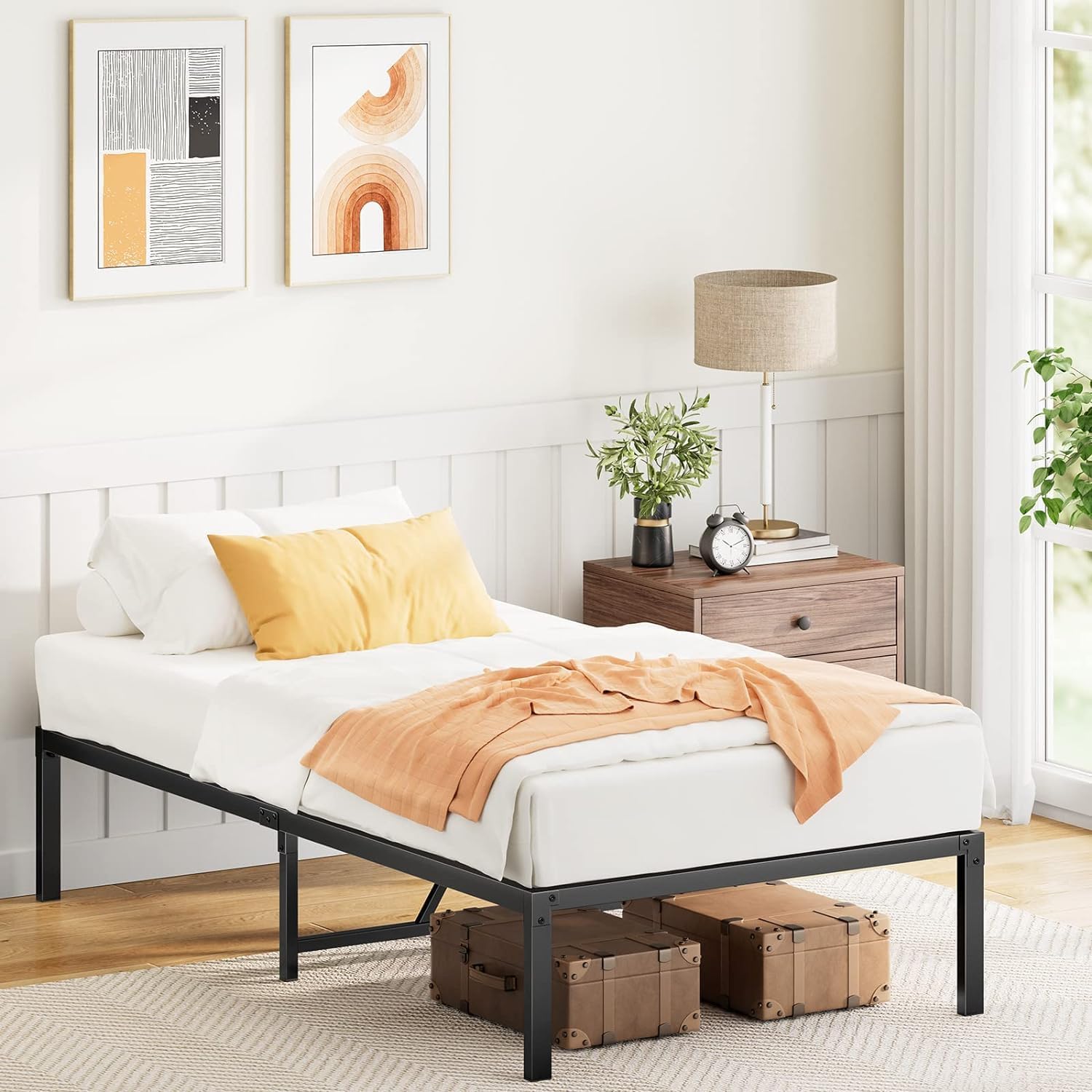 Marsail Twin Bed Frame, 14 Inch Metal Platform Bed with Enhanced Support Structure & Enclosing Edges, Metal Bed with Large Stora