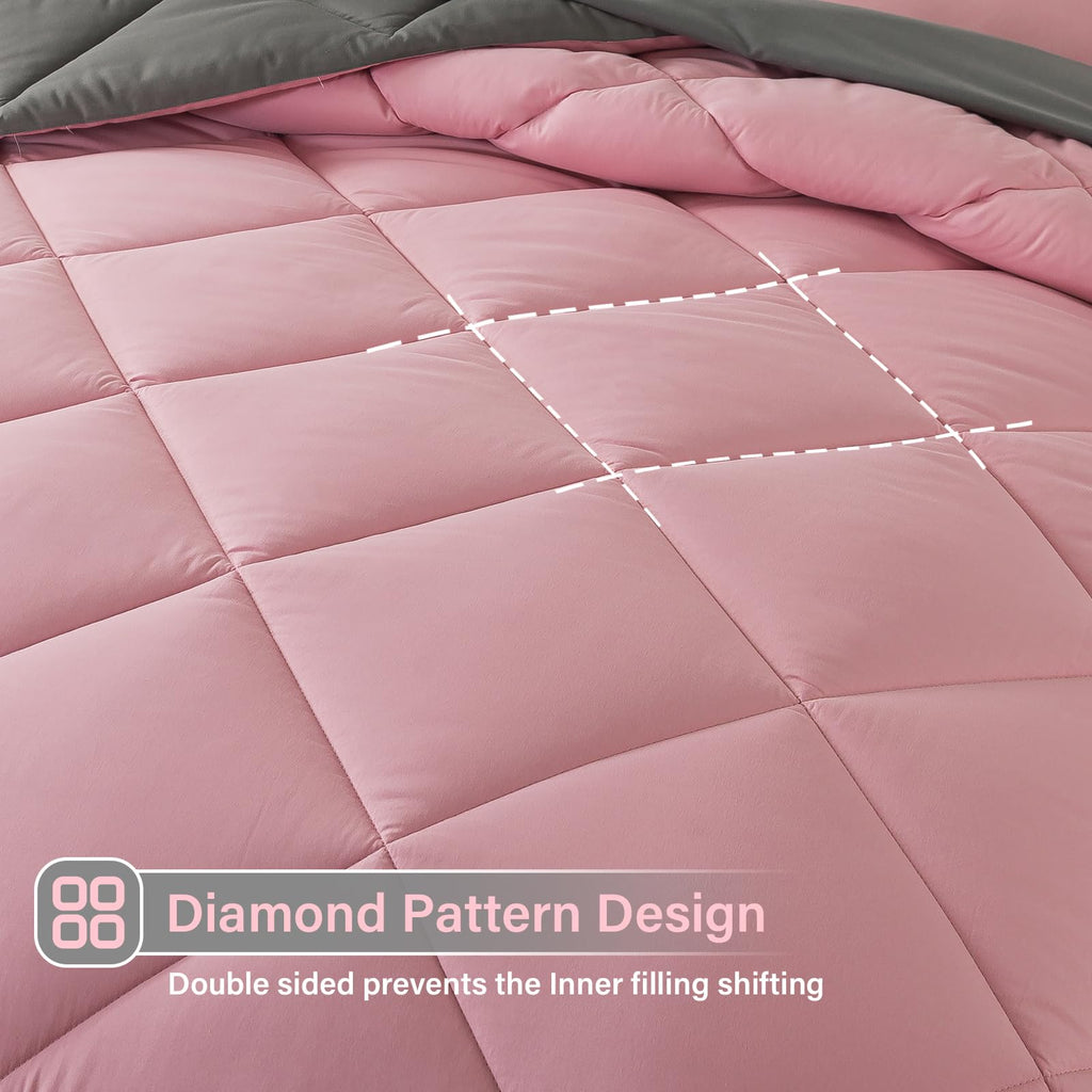 Cosybay Bed In A Bag Full Comforter Sets 7Pcs All Season Solid Down Alternative Bedding Sets Pink And Grey With Comforter, Pillo