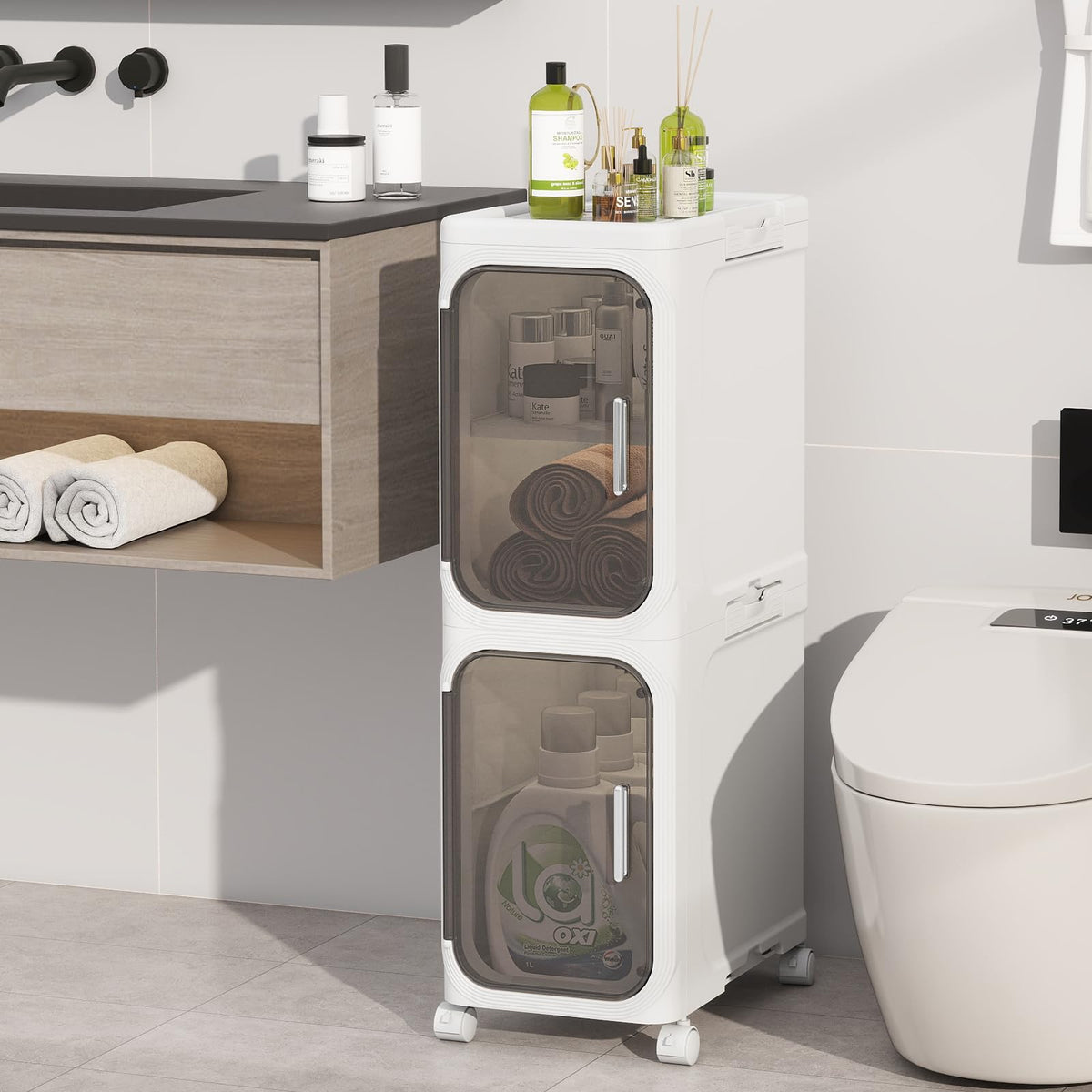 Neathub 2 Tier Slim Bathroom Storage Cabinet, Foldable and Movable, White