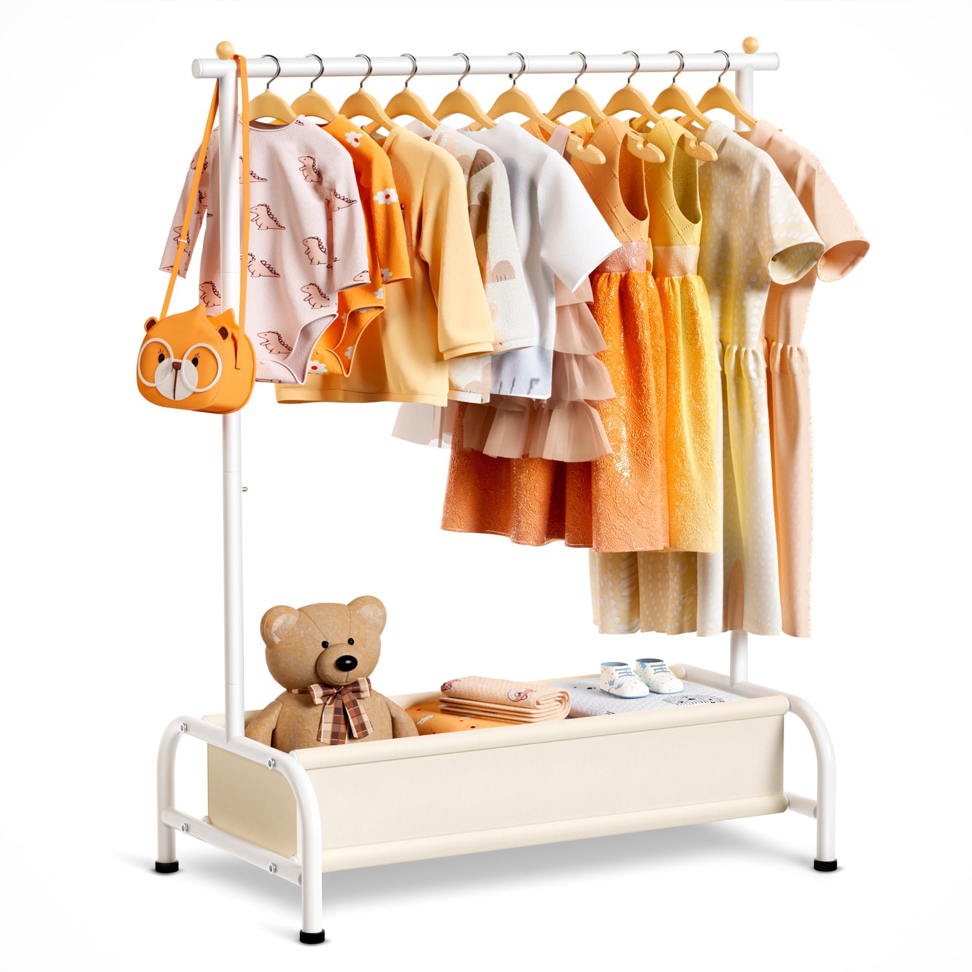 MISSLO Kids Clothing Rack with Basket Small Dress Up Storage Short Toddler Dress Up Rack Kids Closet for Baby Clothes, White