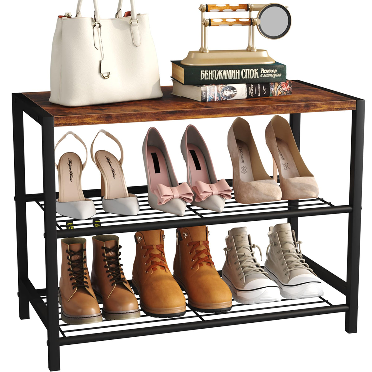 Yusong Shoe Rack, 3 Tier Shoe Organizer Storage for Closet Entryway, Narrow Slim Metal Shoe Shelves with Industrial Wooden Top, 