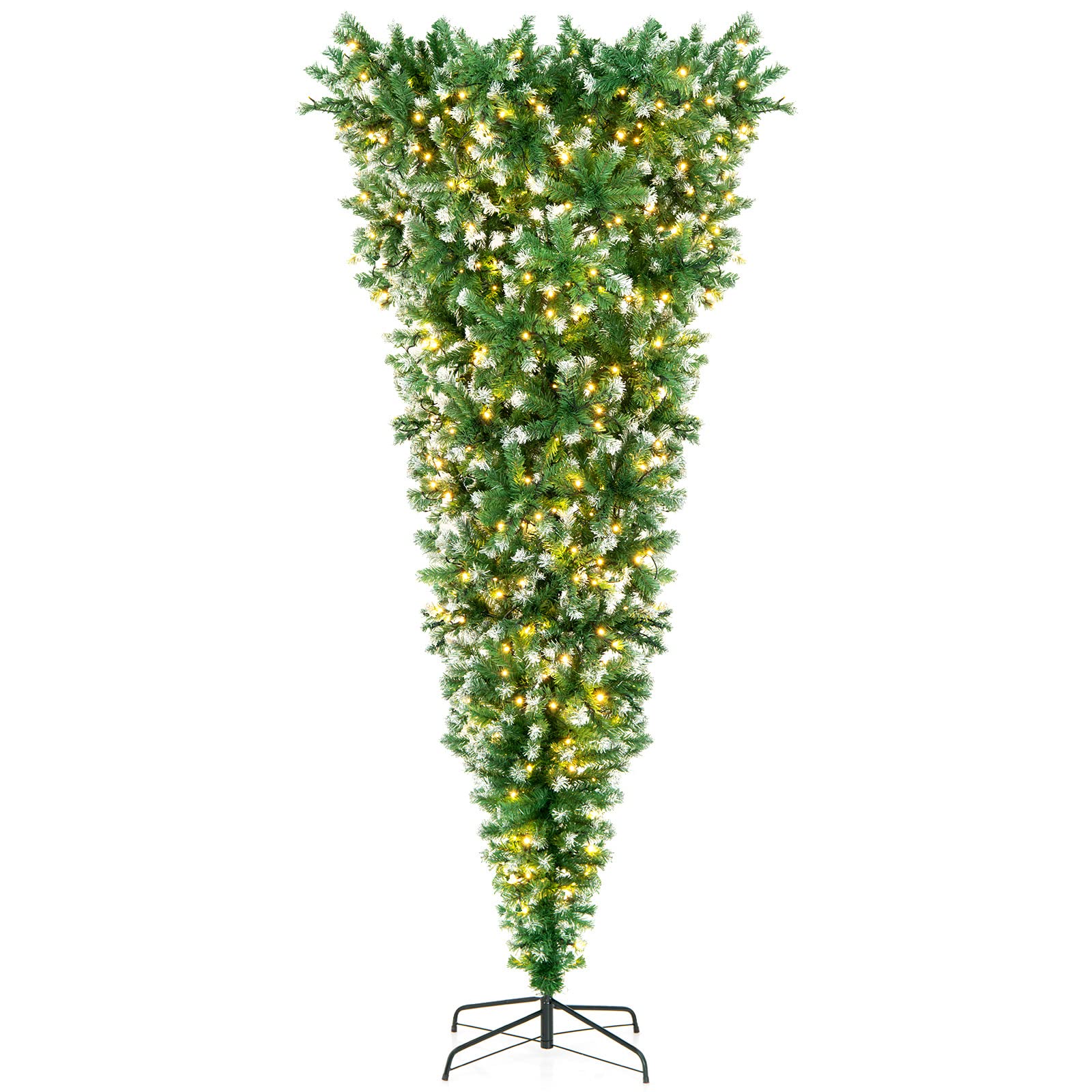 HAPPYGRILL 7.5FT Pre-Lit Upside Down Christmas Tree Snow Christmas Tree with 1100 Branch Tips, 400 LED Lights, 8 Lighting Modes,