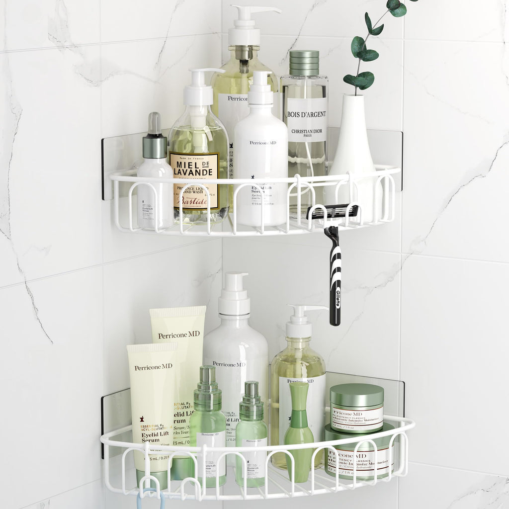 Orimade Corner Shower Caddy with 2 Hooks Wall Mounted Metal Bathroom Shelf Storage Organizer Adhesive No Drilling 2 Pack, White 