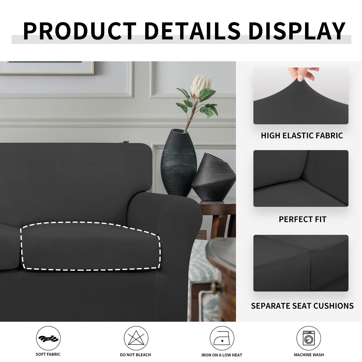 Easy-Going 4 Pieces Stretch Soft Couch Cover For Dogs - Washable Sofa Slipcover For 3 Separate Cushion Couch - Elastic Furniture Protector For Pets, Kids (Sofa, Dark Gray, Large)