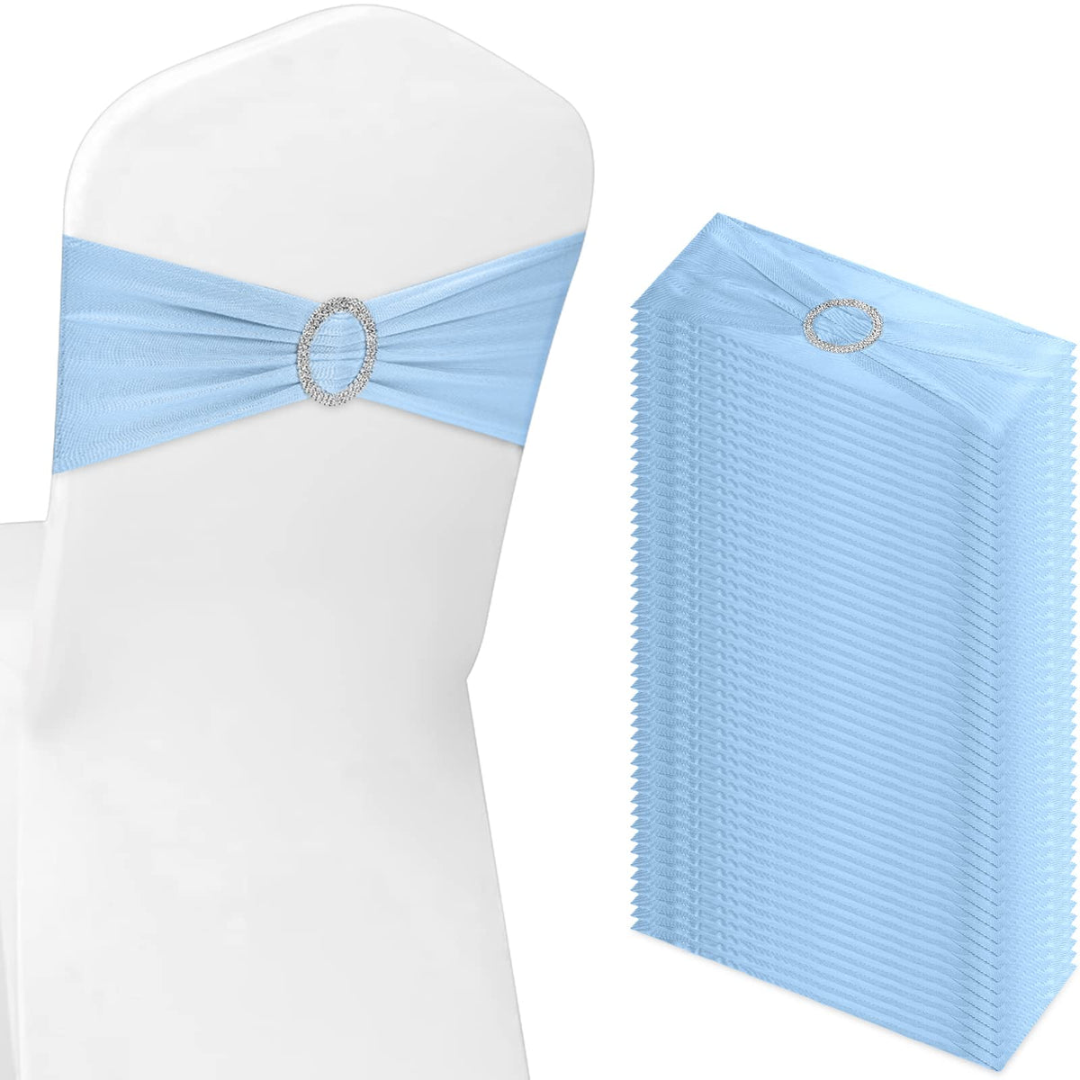Tegeme 80 Pieces Chair Sashes and Bows Stretch Chair Cover,Blue,Silver