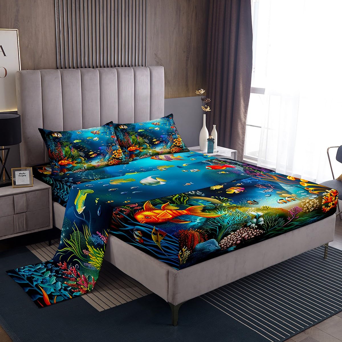 Kids Sheet Set Queen Cartoon Ocean Fish Bed Sheets Ocean Marine Theme Bedding Set For Boys Girls Soft And Cozy Sea Underwater World Sheets Set With Sealife Deep Pocket Fitted Sheet,Vibrant
