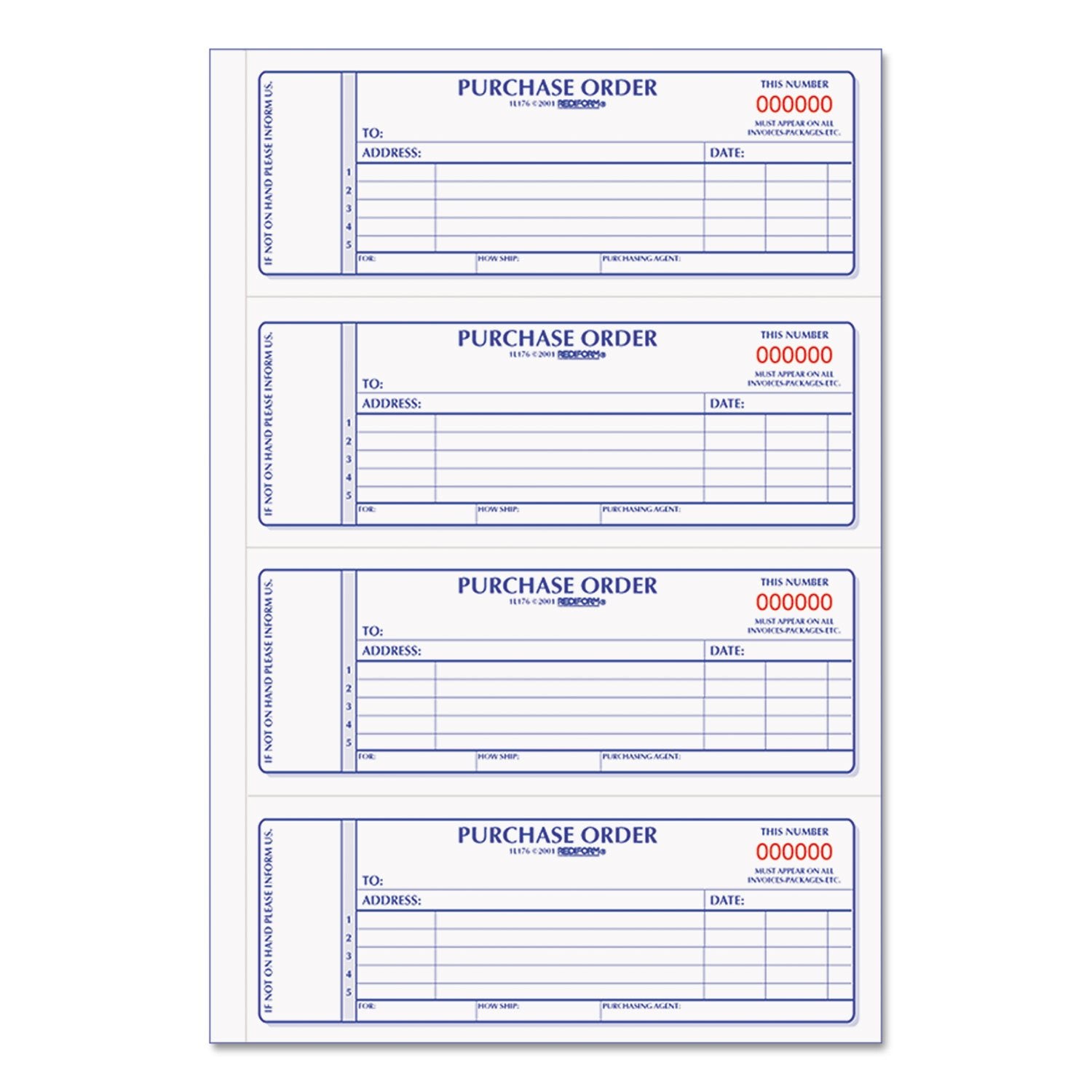 Rediform Carbonless Purchase Order Book, Numbered, 2.75 X 7 Inches, 400 Duplicate Sets (1L176)