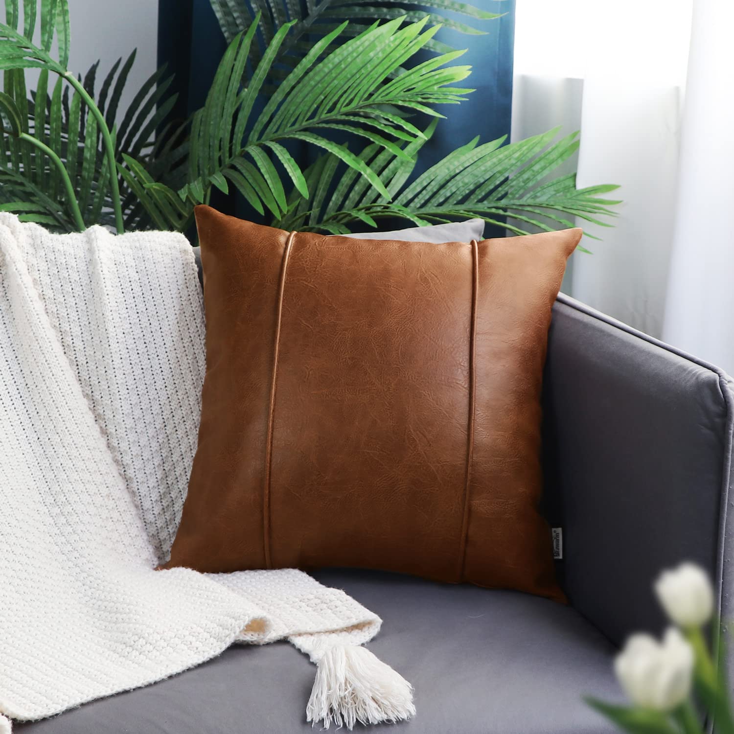Brawarm Brown Leather Throw Pillow Covers 22 X 22 Inches - Faux Leather Pillow Cover With Piping, Hand Stitched Leather Throw Pi