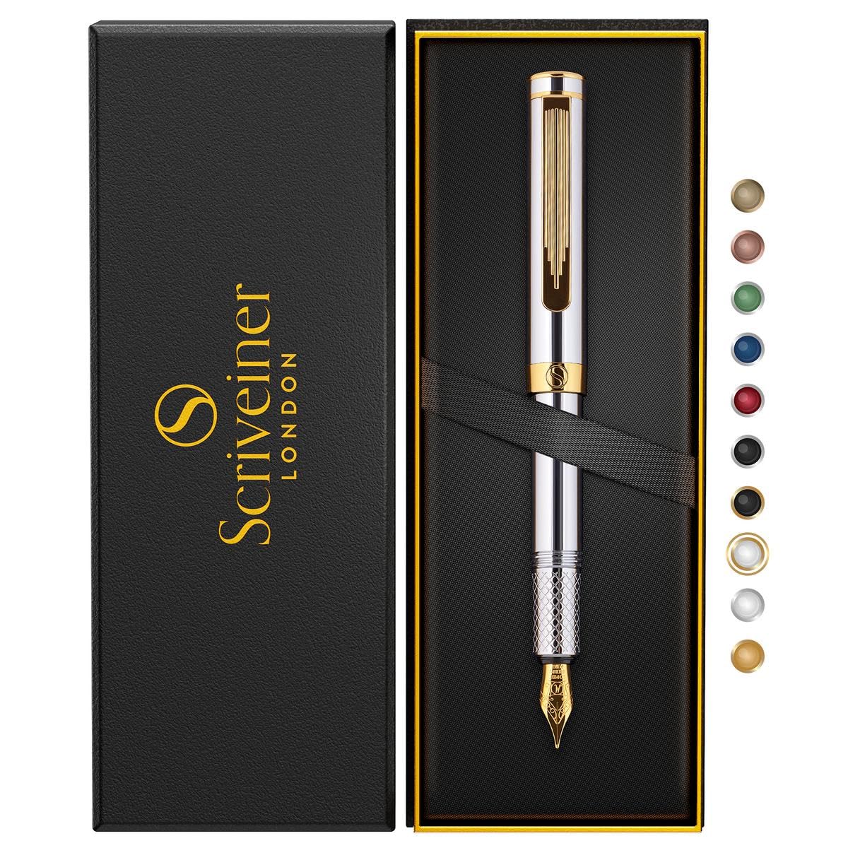 Scriveiner Silver Chrome Fountain Pen (Medium), Award Winning Luxury Pen, Heavy Pocket Pen With 24K Gold Finish, Schmidt Nib, Co