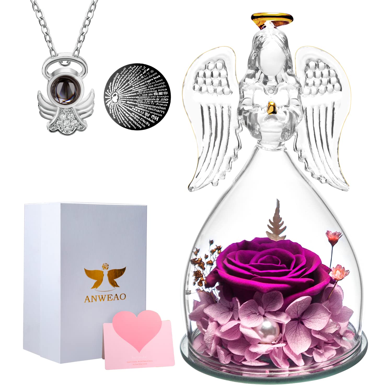 Preserved Flower Rose Gifts In Glass Angel Figurines With Necklace, Mothers Day Rose Gifts For Mom,Birthday Gifts For Women,Mom