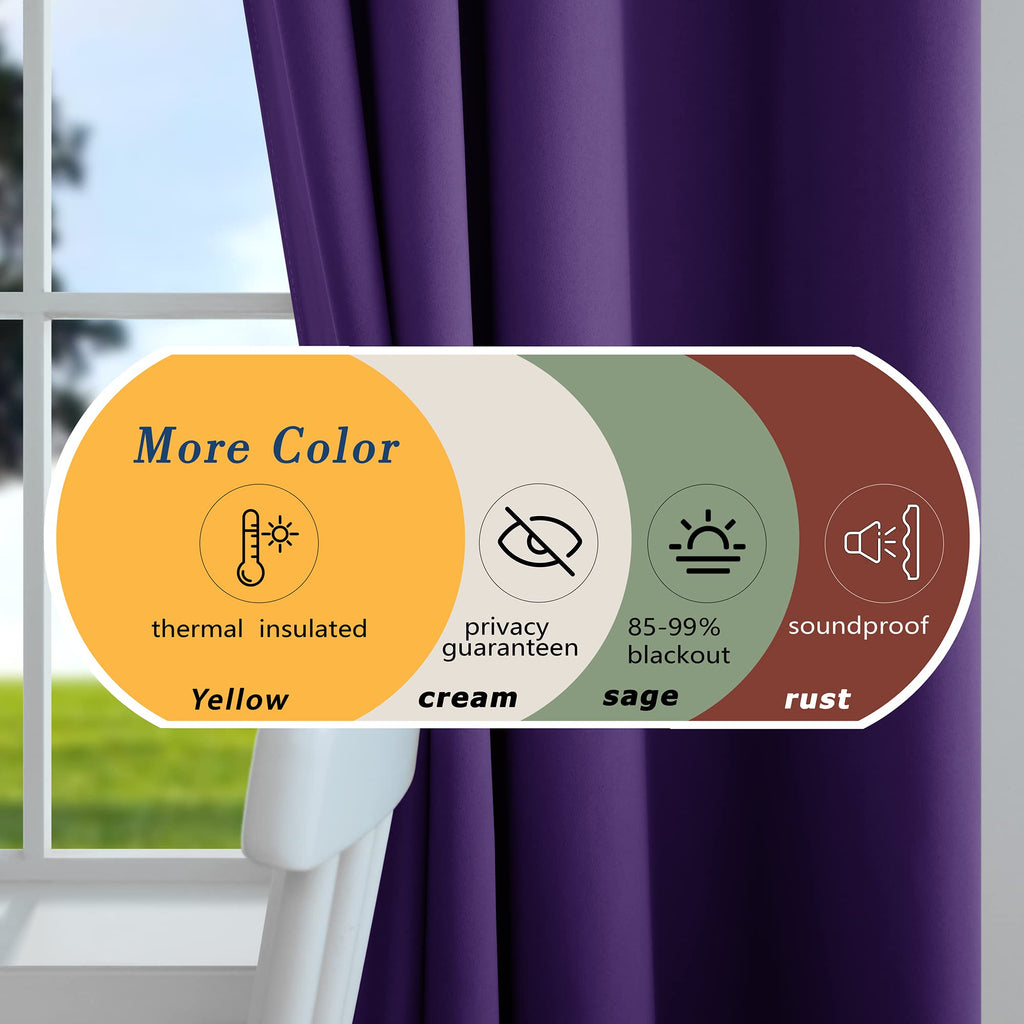 Mrs.Naturall 96 Inches Long Royal Purple Blackout Curtains For Living Room 2 Panels Set Thermal Insulated Grommet Cold Blocking