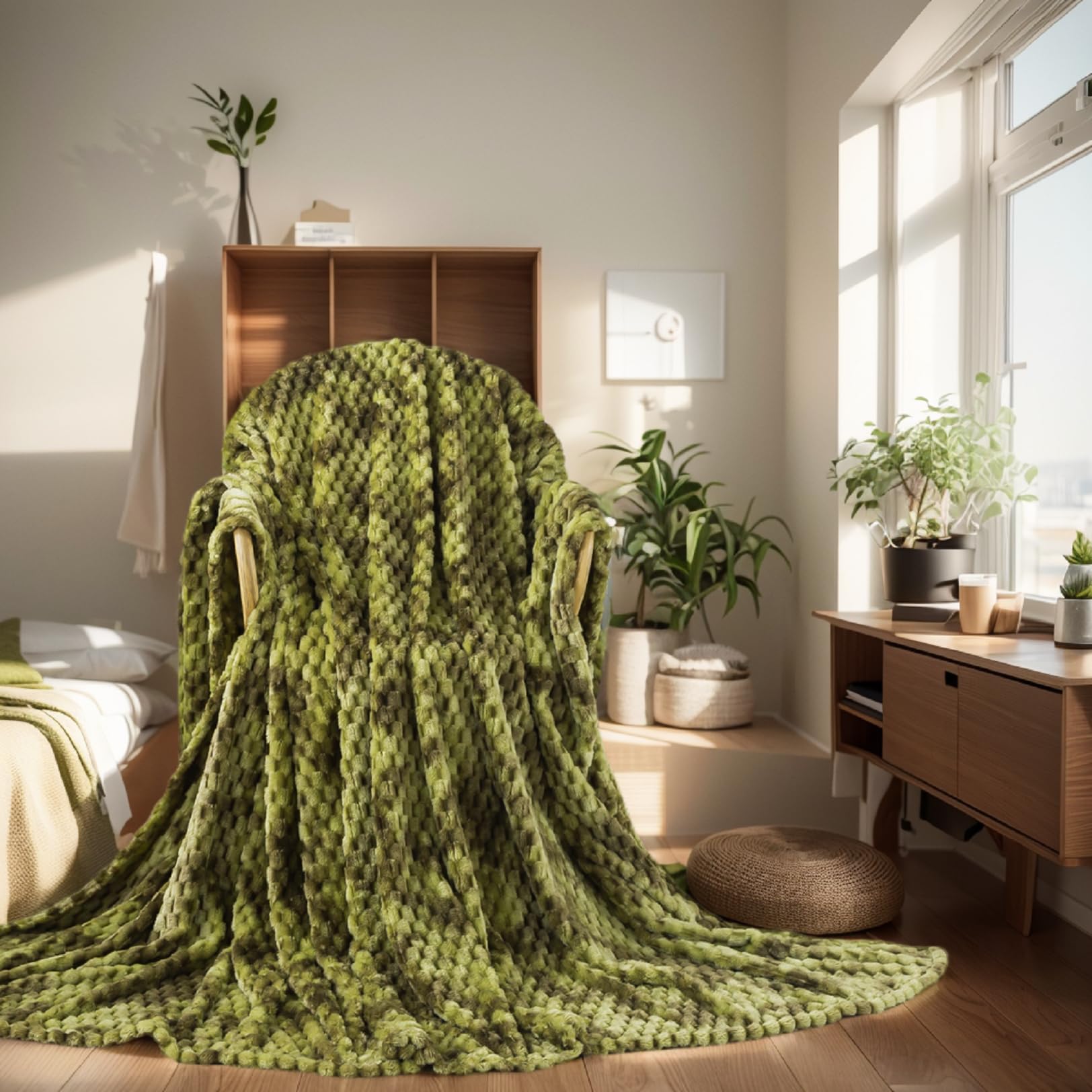 Richave Fleece Throw Blanket,Premium Lightweight Anti-Static 50X60 Inches Travel Size 3D Clouds Stylish Jacquard Throw Blanket For Winter, Tie-Dye Olive Green