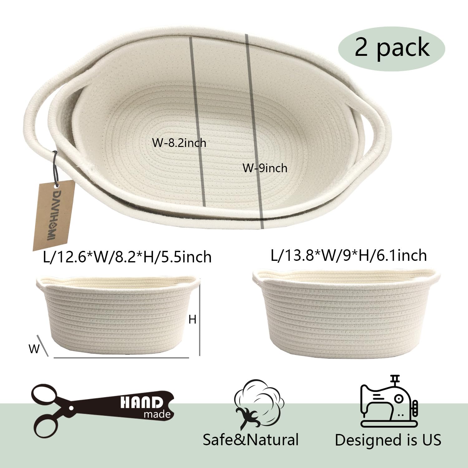 Davihomi 2-Piece Small Woven Storage Basket For Organizing|Cotton Rope Basket For Closet Shelving Storage|Gift Basket For Empty