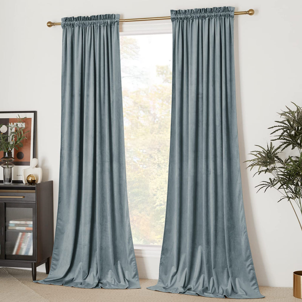 Nicetown Velvet Curtains 84' Length For Bedroom Living Room, Stone Blue Room Darkening Velvet Curtains Thermal Insulated, Luxur