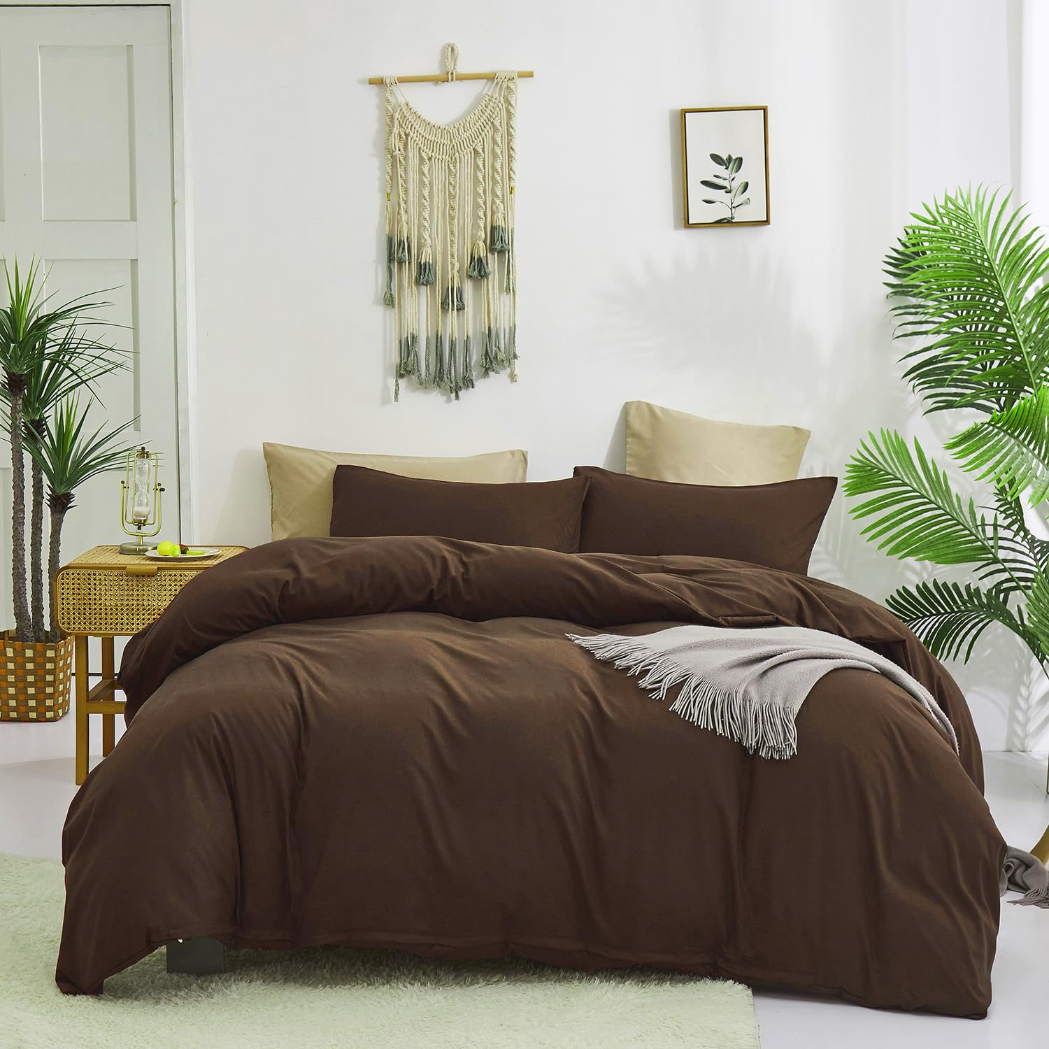 KAREVER Brown 3Pcs Bedding Set (Twin) - Chestnut Brown Comforter, Solid Pattern, All Season, Cotton Surface, Lightweight, Fade-R