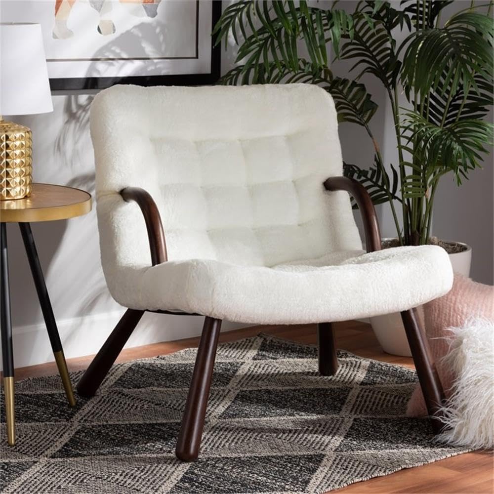 Baxton Studio Eisa Modern and Contemporary White Sherpa Upholstered and Walnut Brown Finished Wood Accent Chair