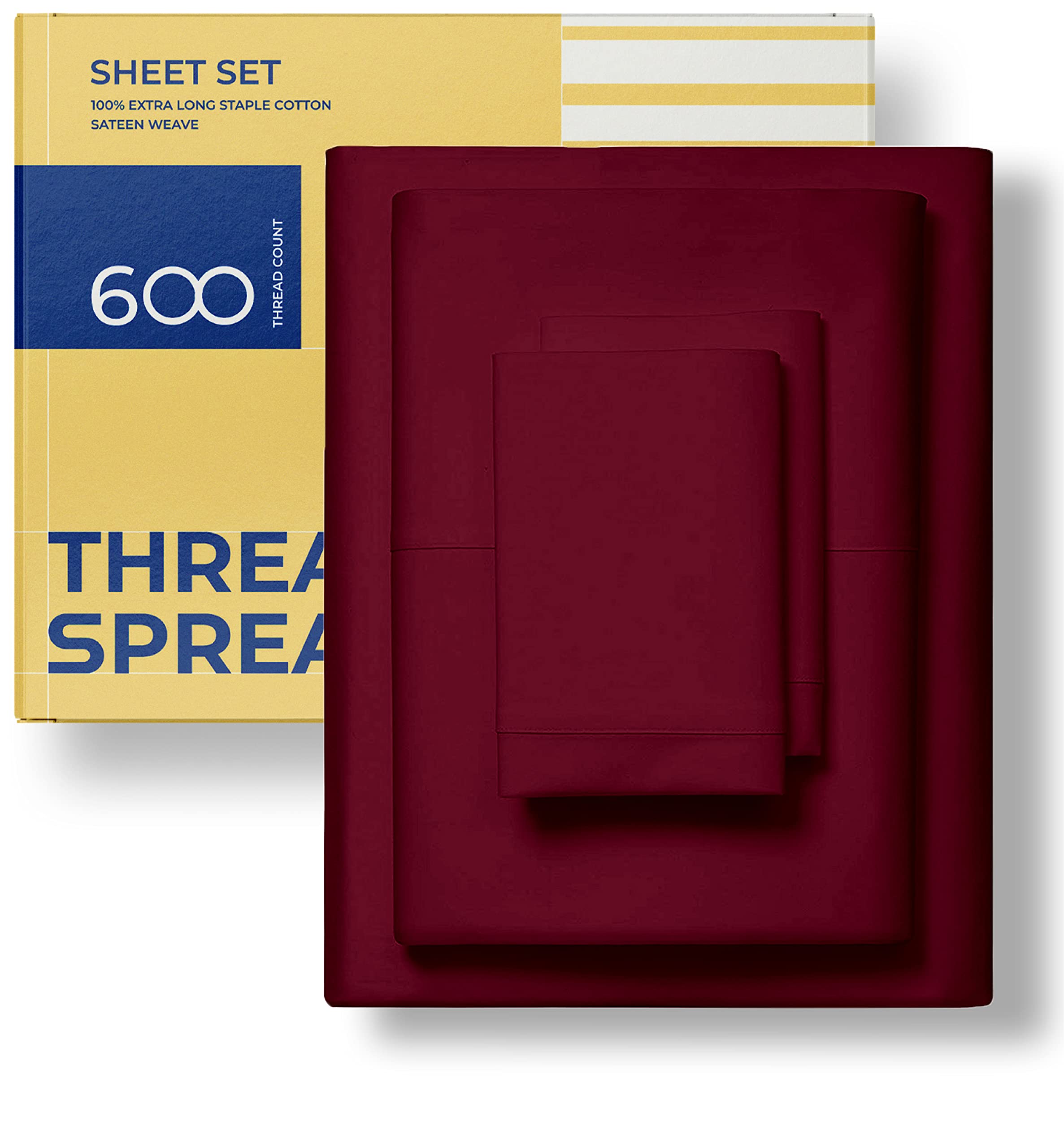 Pure Egyptian Split King Size Cotton Bed Sheets Set (King Split,600 Thread Count) Burgundy Bedding And Pillow Cases (5 Pc) - Egyptian Cotton Sheets Split King Size Bed-Sateen Sheets-16” Deep Pocket