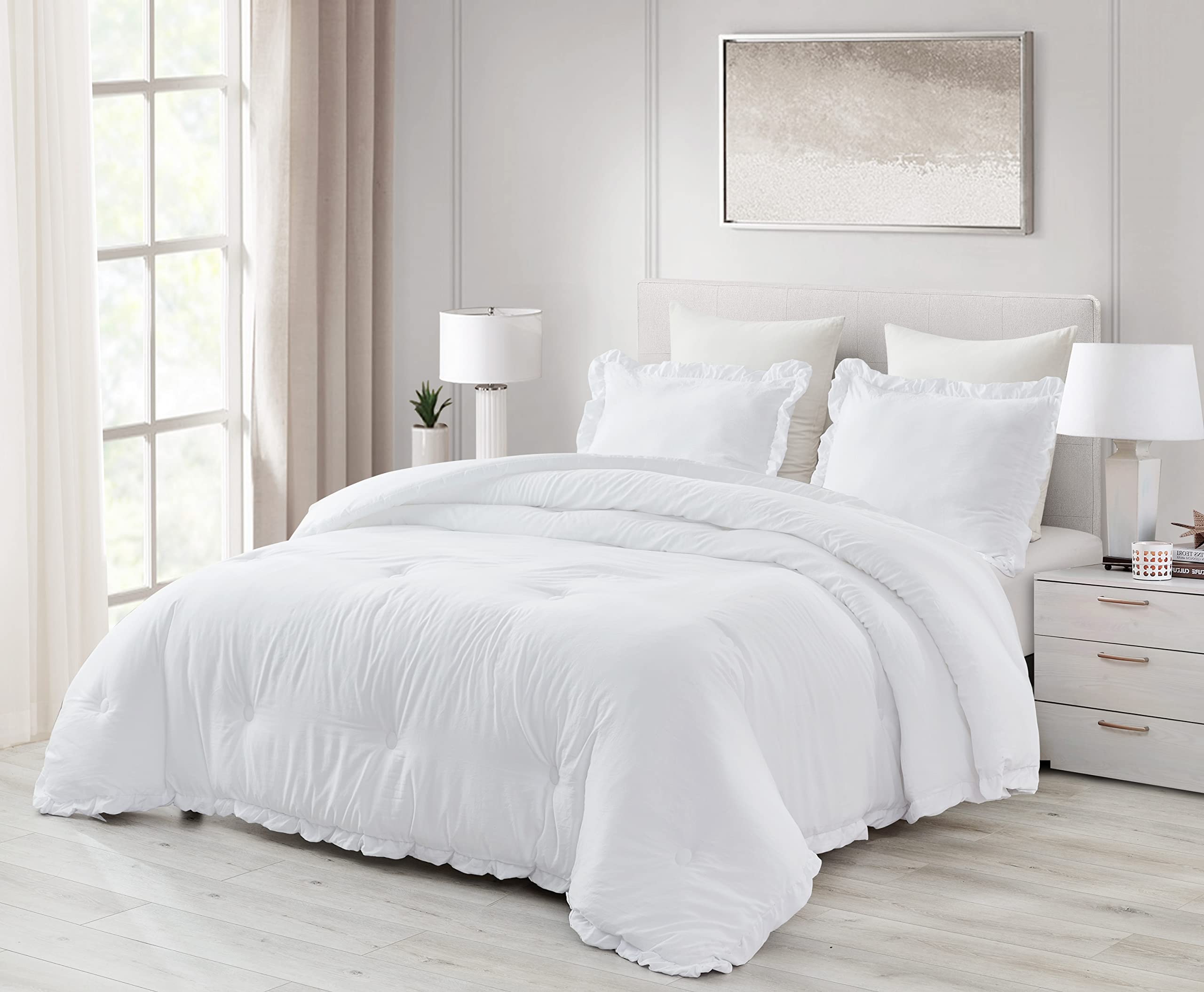 Chezmoi Collection Nora 3-Piece Ruffled Edge Trim Soft Washed Microfiber Comforter Set (Oversized Queen, White)