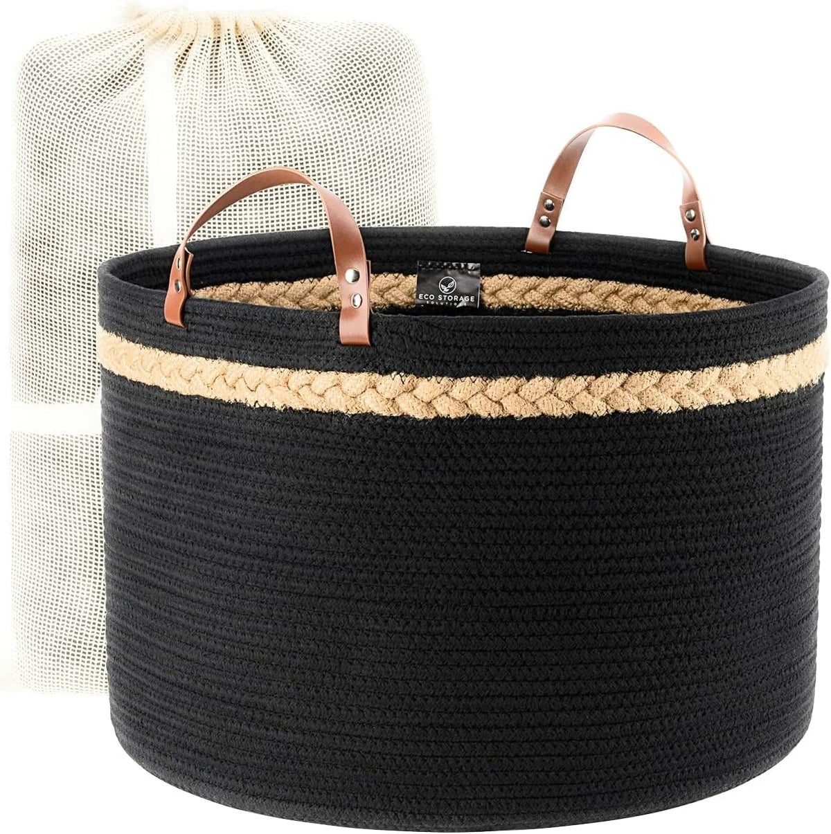Black Basket, Rope Basket, BoHo Basket, Blanket Basket Living Room, Woven Baskets, Laundry Basket w/Real Leather Handles, Kids T