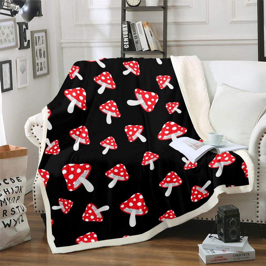 Feelyou Cute Mushrooms Plush Throw Blanket Red Mushrooms Sherpa Blanket Natural Wild Fungus Fleece Throw Blanket Botanical Fuzzy Blanket For Kids Boys Girls 30'X40' Black