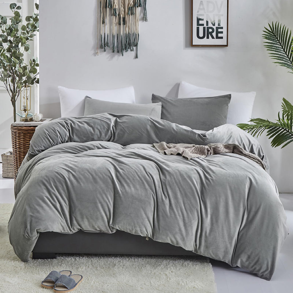 Luxlovery Grey Velvet Comforter Set Full Plush Fluffy Bedding Comforter Set Full Gray Winter Thick Warm Flannel Solid Grey Sherp