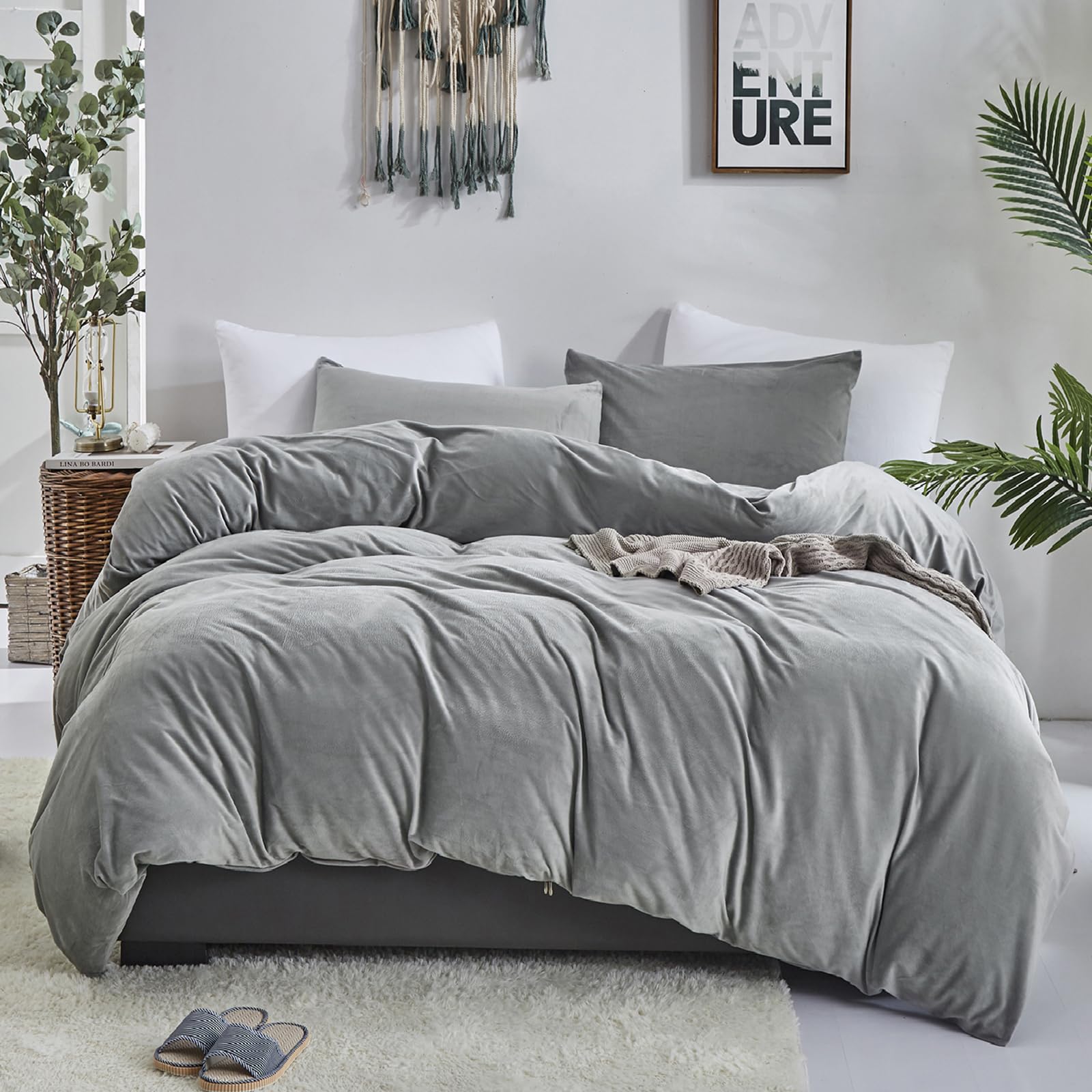Luxlovery Grey Velvet Comforter Set Full Plush Fluffy Bedding Comforter Set Full Gray Winter Thick Warm Flannel Solid Grey Sherp