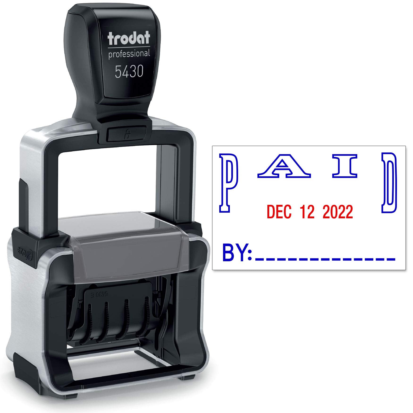 Trodat 5430 Professional Self-Inking Date Stamp With Paid - Blue/Red 2 Color Ink