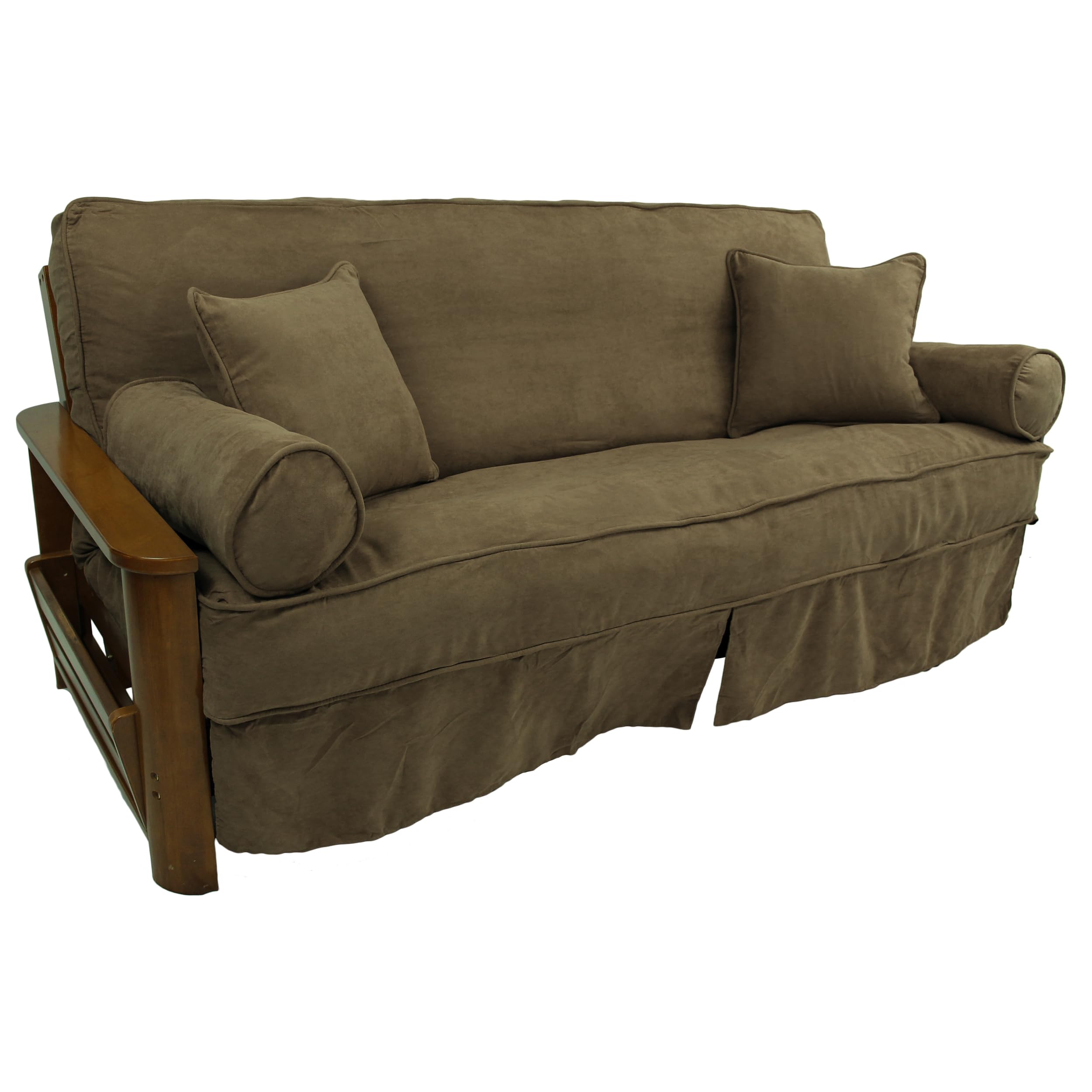 Blazing Needles Solid Microsuede Double Corded 8" to 9" Futon Slipcover Set with 4 Throw Pillows (Set of 5), Full, Java