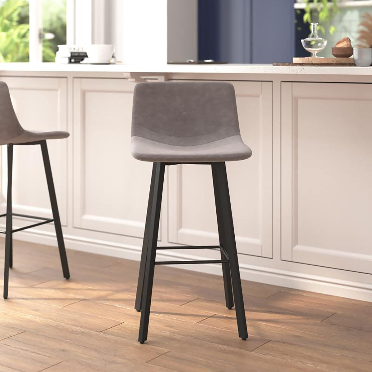 Flash Furniture Caleb Modern Commercial Barstools with Footrests - Gray LeatherSoft -30 Inch - Black Matte Iron Frame - Armless - Set of 2
