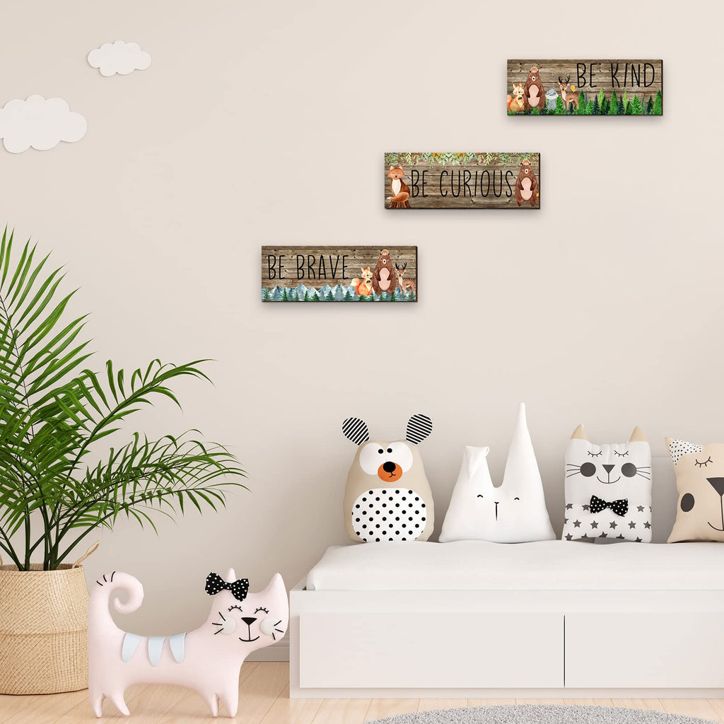 3 Pcs Woodland Nursery Decor Safari Nursery Woodland Animals Themed Painting Wooden Be Kind Brave Curious Sign Framed Wall Art F