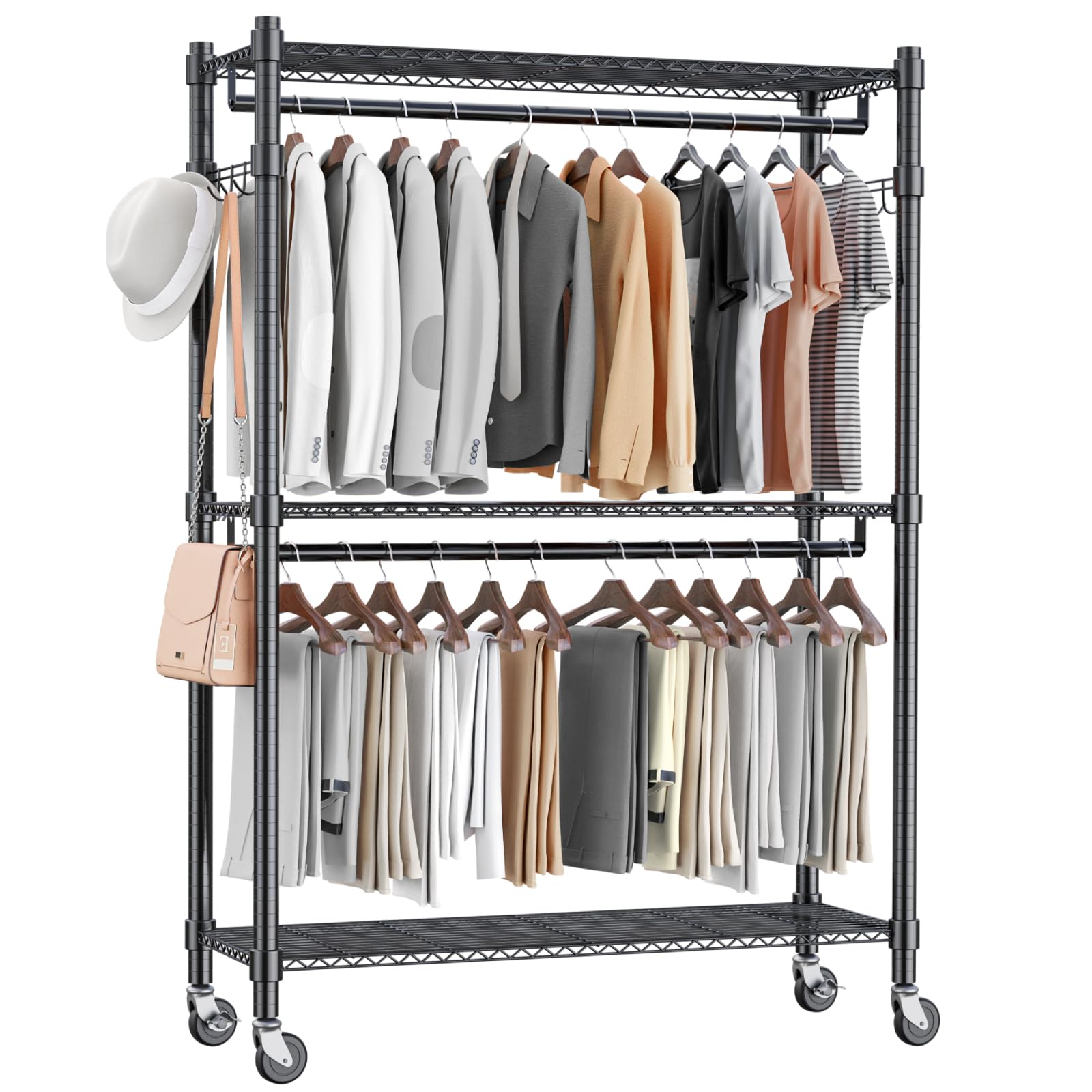 Homdox Rolling Garment Rack with Double Rod, Heavy Duty Clothing Rack with Shelves, Portable Clothes Rack, Free Standing Wardrob