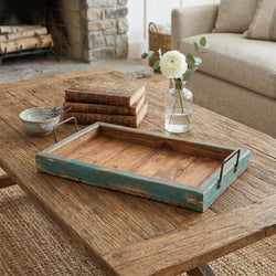 21 Natural And Turquoise Solid Wood Handmade Serving Tray With Handles