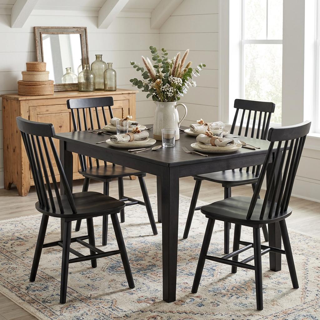Set of Four Black Solid Wood Windsor Back Dining Side Chairs