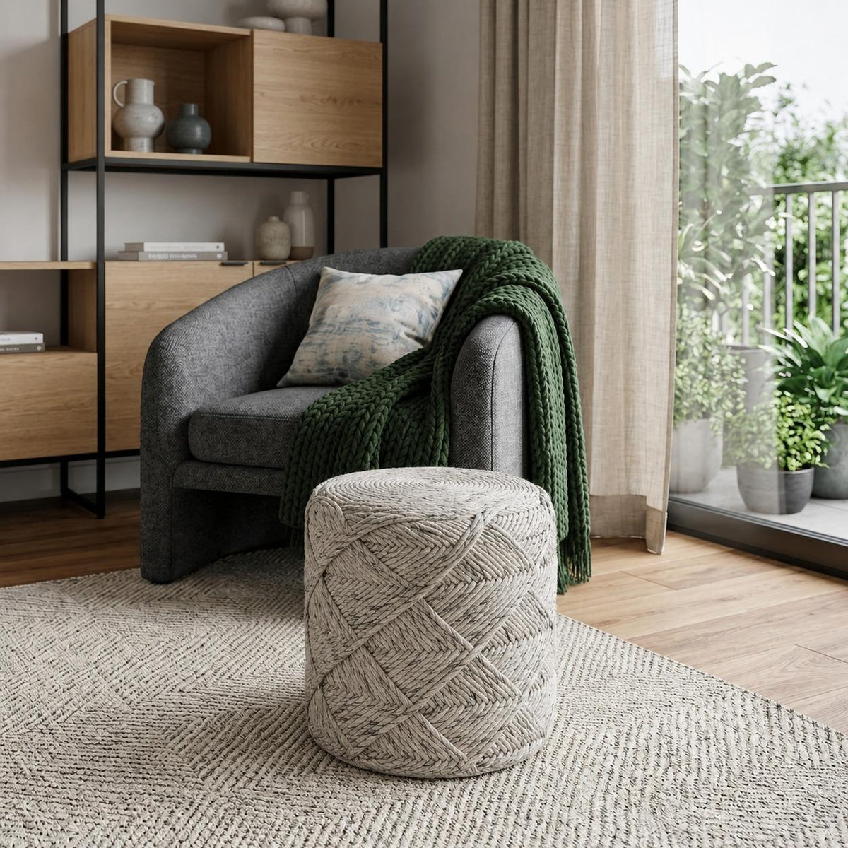16 Inch Beige and Gray Wool Chevron Round Pouf Ottoman