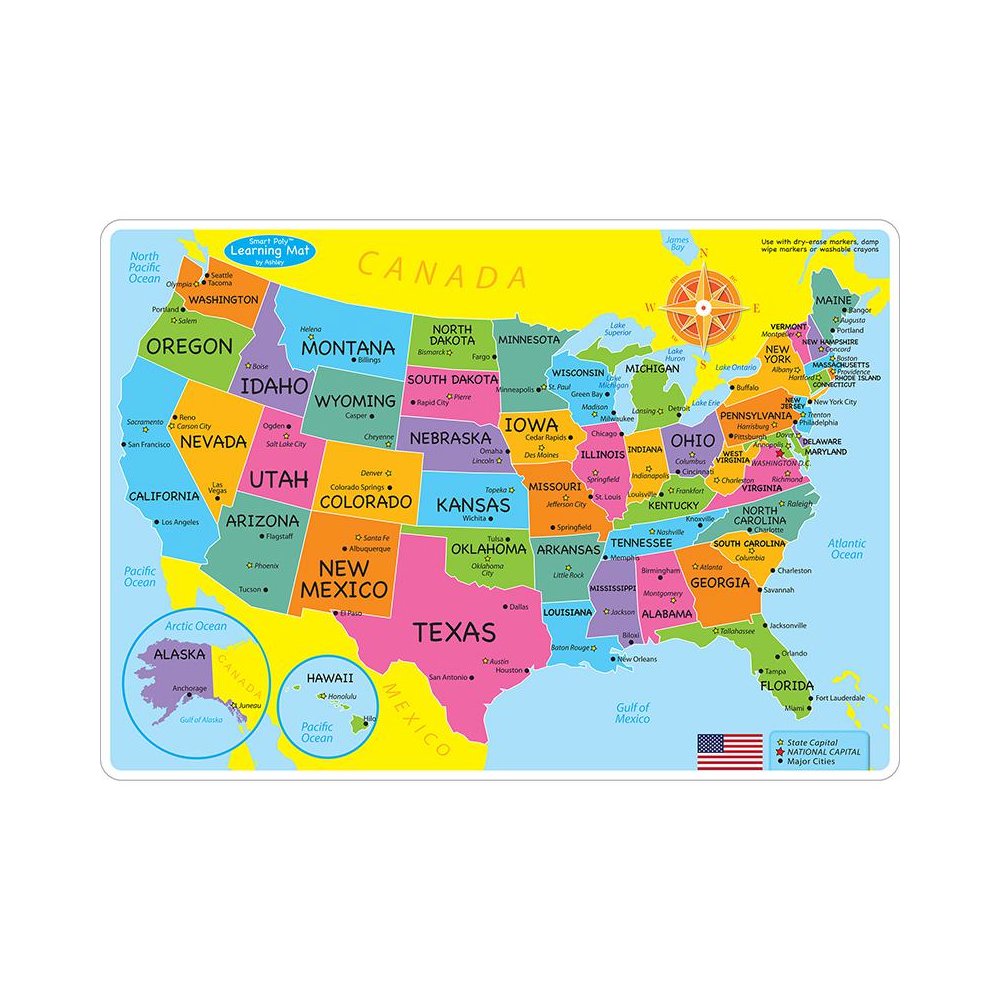 Smart Poly Learning Mats, 12 x 17, Double-Sided, U.S. Basic Map, Pack of 10