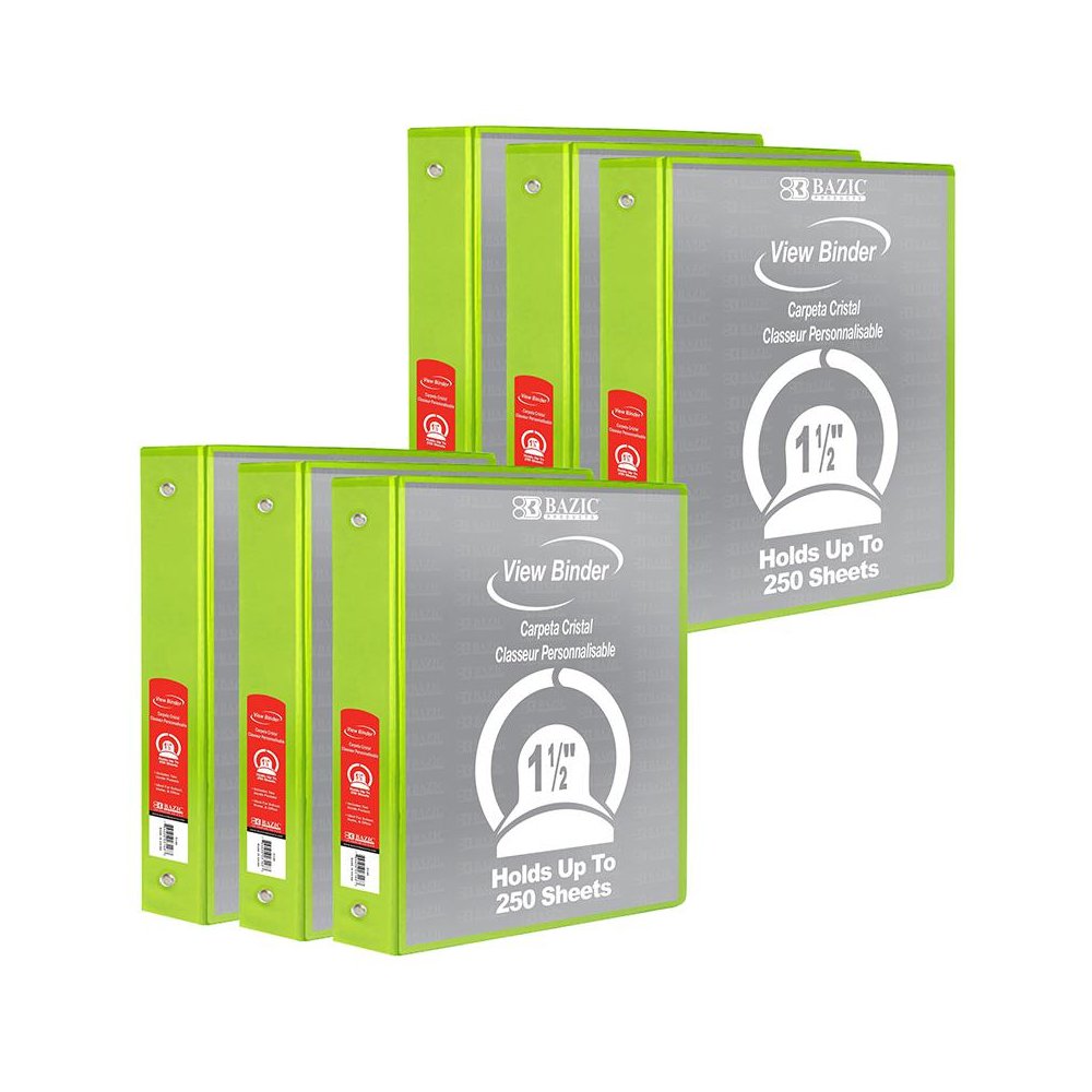 3-Ring View Binder with 2 Pockets, 1.5, Lime Green, Pack of 6
