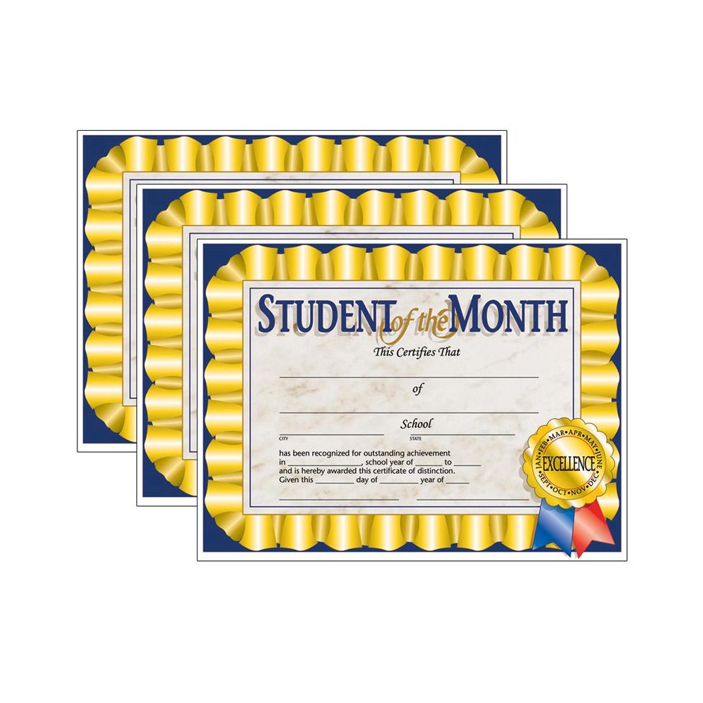 Student of the Month Certificate, 8.5 x 11, 30 Per Pack, 3 Packs