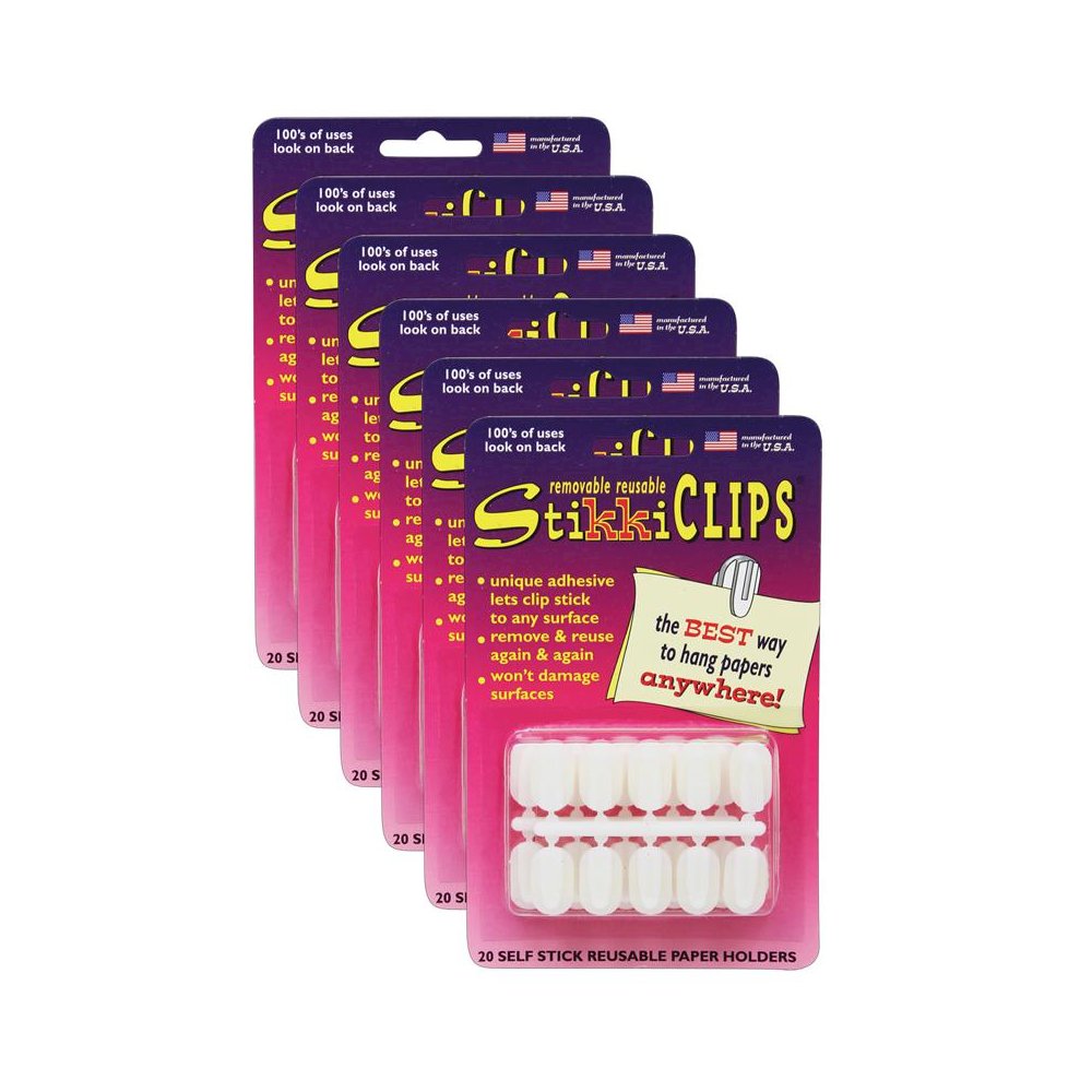 StikkiCLIPS Adhesive Clips, White, 20 Per Pack, 6 Packs