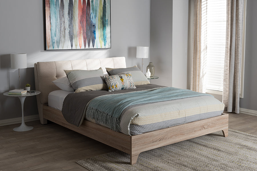 Baxton Studio Adelia Midcentury Light Beige Whitewash Queen Size Platform Bed