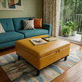 37 Inch Yellow And Black Faux Leather Ottoman With Storage