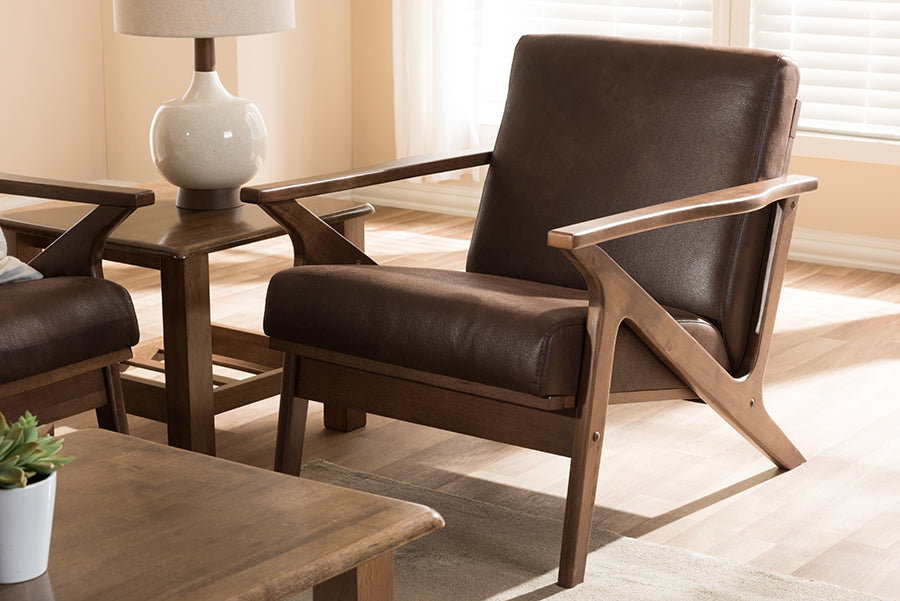 Baxton Studio Bianca Midcentury Modern Walnut Wood Dark Brown Distressed Faux Leather Lounge Chair